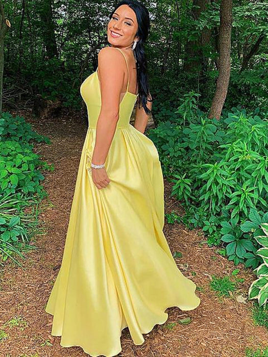 Simple Open Back Yellow Satin Long Prom Dresses with Pocket, Thin Stra Bridelily Simple Open Back Yellow Satin Long Prom Dresses with Pocket, Thin Stra Bridelily
