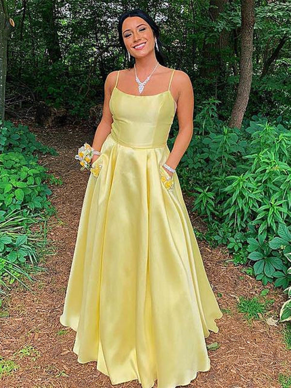 Simple Two Pieces Yellow Satin Long Prom Dresses with Pocket, 2 Pieces Yellow Formal Graduation Evening Dresses EP1478 main image 0