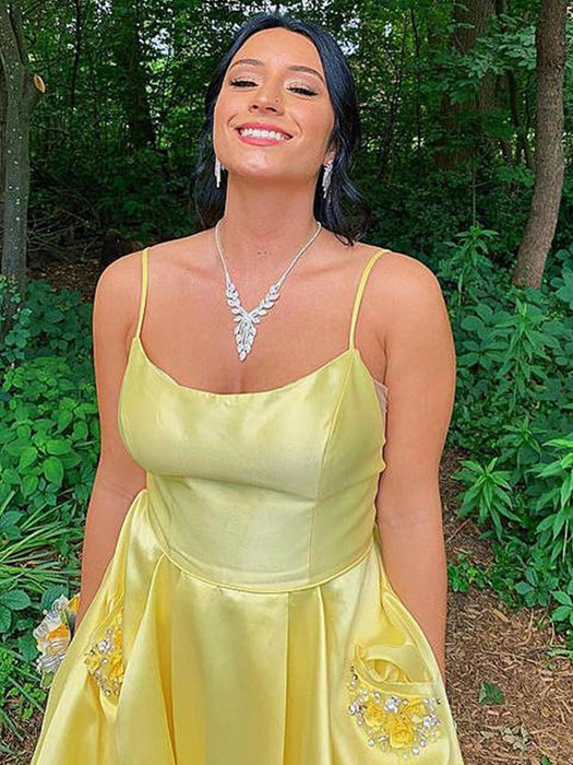 Simple Open Back Yellow Satin Long Prom Dresses with Pocket, Thin Straps Yellow Formal Graduation Evening Dresses 