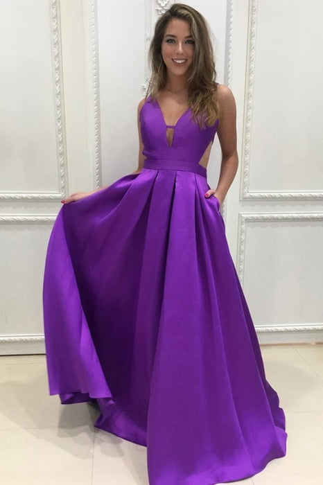 Simple Purple A-line V-neck Backless Ruched Sleeveless Satin Long Prom Dresses - Prom Dresses