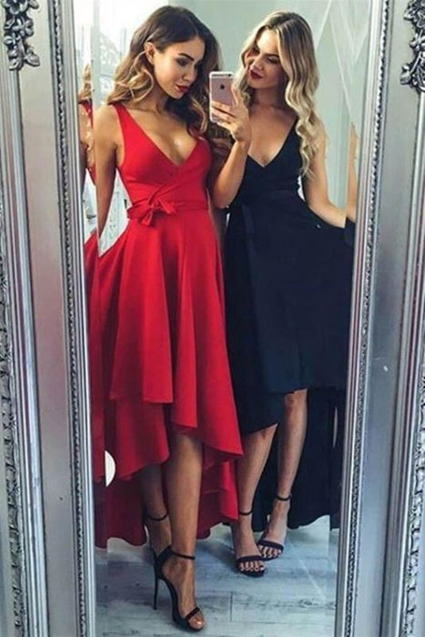 High Low V-neck Simple Red Prom Dress Cheap