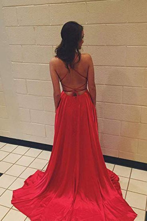 Simple Red Spaghetti Strap Formal with Pockets Sexy Long Prom Dress - Prom Dresses