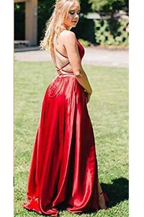 Simple Red Spaghetti Strap Formal with Pockets Sexy Long Prom Dress - Prom Dresses