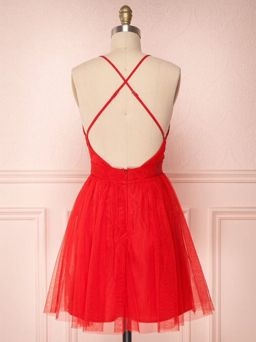 Simple Red V Neck Backless Tulle Homecoming Dresses Short Prom Dresses, Cute Red Formal Dresses, Evening Dresses, Graduation Dresses