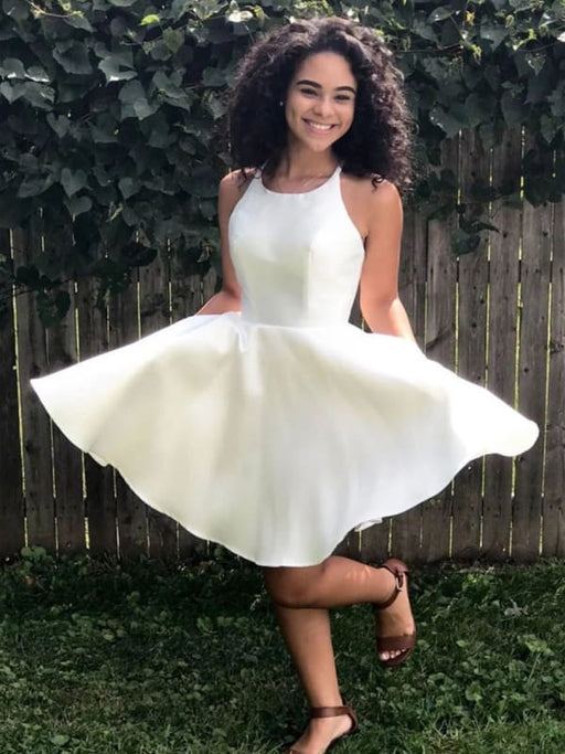 Simple Round Neck White Satin Short Prom Homecoming, White Formal Grad Bridelily Simple Round Neck White Satin Short Prom Homecoming, White Formal Grad Bridelily
