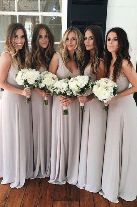 Simple Silver V-neck Ruched Floor-length Bridesmaid Dress - Bridesmaid Dresses