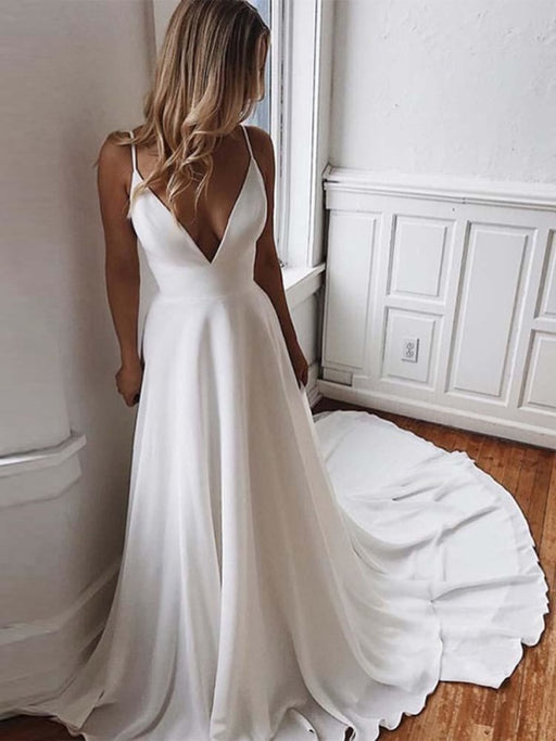 Simple Spaghetti-Strap V-Neck Sweep Train Ruffles Wedding Dresses - Ivory / Floor Length - wedding dresses