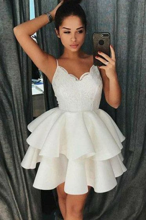 Simple Spaghetti Straps Short Homecoming with Lace Satin Graduation Dress - Prom Dresses
