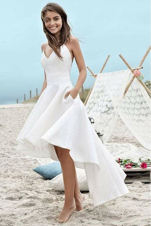Simple Spaghetti Straps V-neck High Low Short Prom Beach Wedding Dress - Prom Dresses
