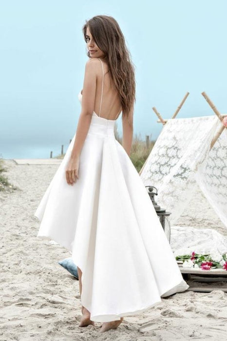 Simple Spaghetti Straps V-neck High Low Short Prom Beach Wedding Dress - Prom Dresses