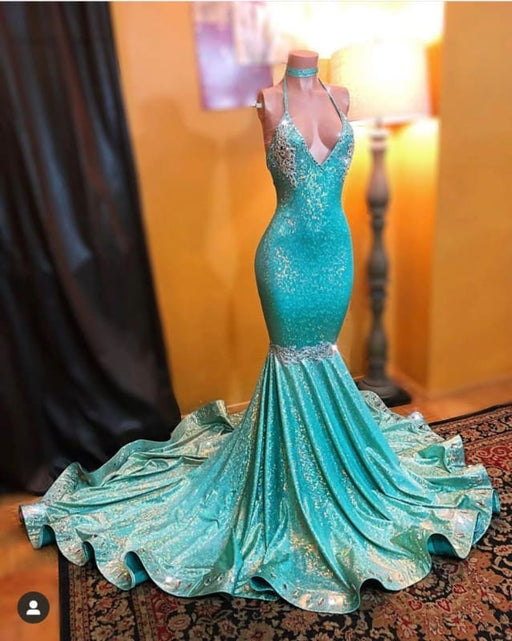 Simple Sparkly Sequined Mermaid Halter Sweep Strain Applique Prom Dresses - Prom Dresses