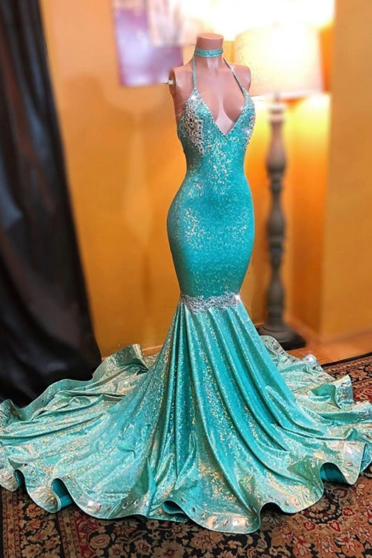 Simple Sparkly Sequined Mermaid Halter Sweep Strain Applique Prom Dresses - Prom Dresses