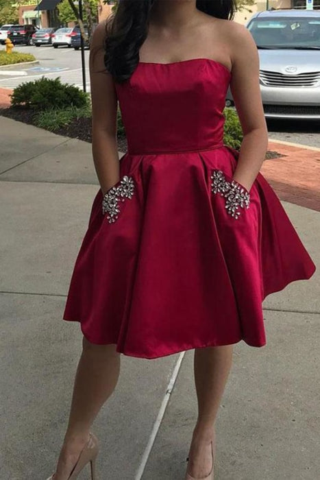 Simple Strapless Cheap Beaded Dark Red Homecoming Dresses with Pockets - Prom Dresses