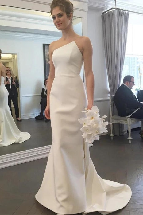 Simple Strapless Mermaid Long Elegant Ivory Sweep Train Wedding Dress - Wedding Dresses