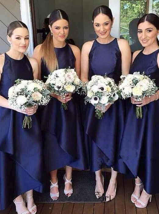 Simple Tea-Length Jewel Navy Blue Tiered Bridesmaid Dress - Bridesmaid Dresses