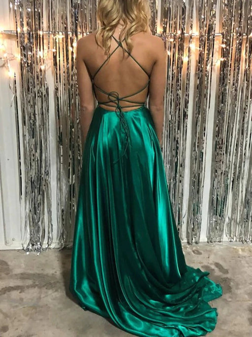 Simple V Neck Backless Green Satin Long Prom Dresses with High Slit Backless Green Formal Dresses Green Evening Dresses - Prom Dress