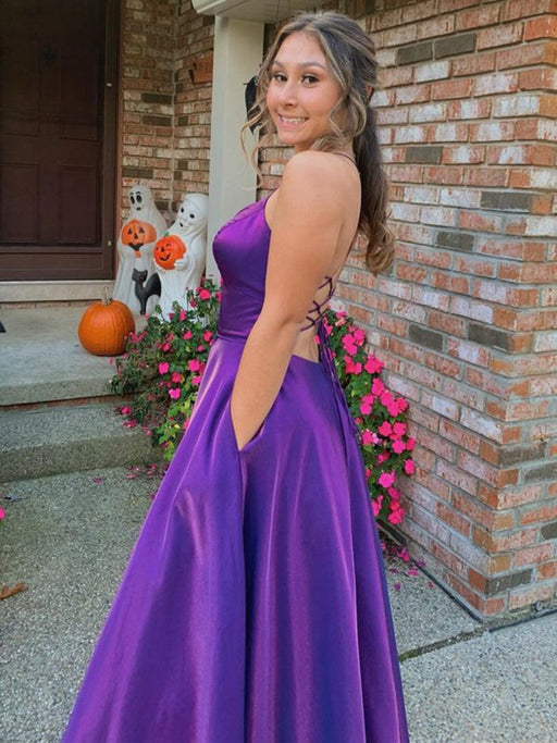 Simple V Neck Backless Purple Satin Long Prom Dresses, V Neck Purple Formal Dresses, Backless Purple Evening Dresses 