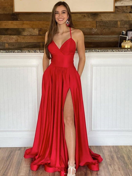 Simple V Neck Backless Red Satin Long Prom Dresses with High Slit, V N Bridelily Simple V Neck Backless Red Satin Long Prom Dresses with High Slit, V N Bridelily