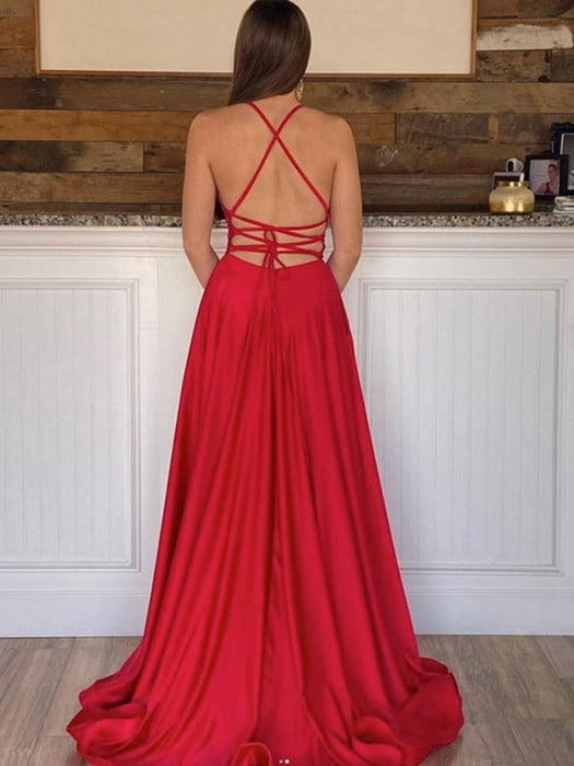 Simple V Neck Backless Red Satin Long Prom Dresses with High Slit, V N Bridelily Simple V Neck Backless Red Satin Long Prom Dresses with High Slit, V N Bridelily