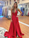 Simple V Neck Backless Red Satin Long Prom Dresses with High Slit, V Neck Red Formal Graduation Evening Dresses 