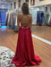 Simple V Neck Backless Red Satin Long Prom Dresses with High Slit, V Neck Red Formal Graduation Evening Dresses 