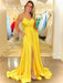 Simple V Neck Backless Yellow Satin Long Prom Dresses with Slit, Long Yellow Formal Evening Dresses
