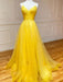 Simple V Neck Backless Yellow Tulle Long Prom Dresses, V Neck Yellow Long Formal Evening Dresses