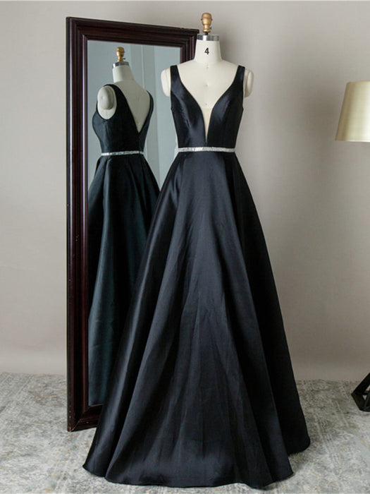Simple V Neck Black Satin Long Prom Dresses with Belt, V Neck Black Fo Bridelily Simple V Neck Black Satin Long Prom Dresses with Belt, V Neck Black Fo Bridelily