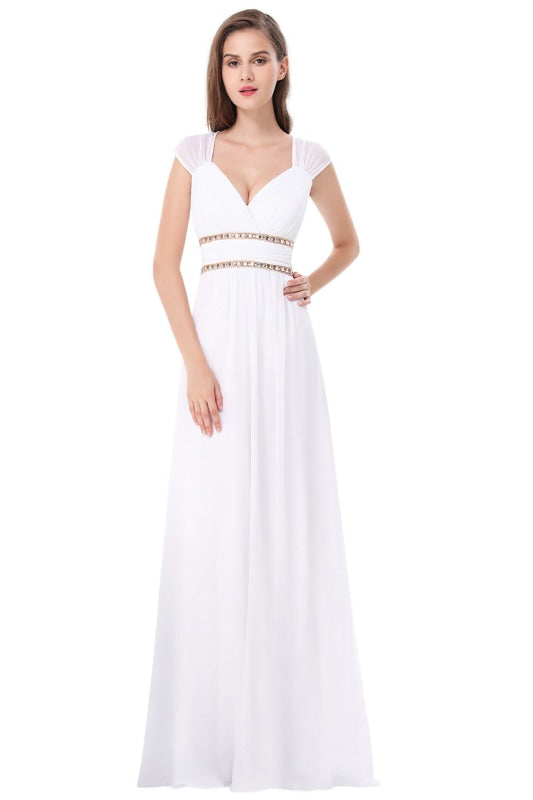 Simple V Neck Cap Sleeve Boho Wedding Dresses - White / 4 / United States - wedding dresses