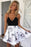 Simple V-Neck Criss-Cross Straps Print Short White Satin Homecoming Dress with Black Top - Prom Dresses