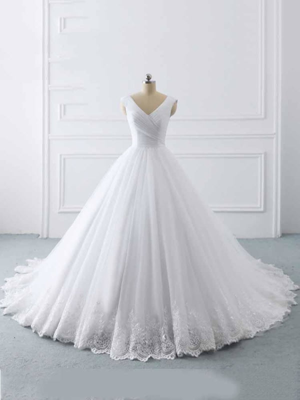 Simple V-Neck Lace-Up Ruffles Ball Gown Wedding Dresses - White / 50cm - wedding dresses