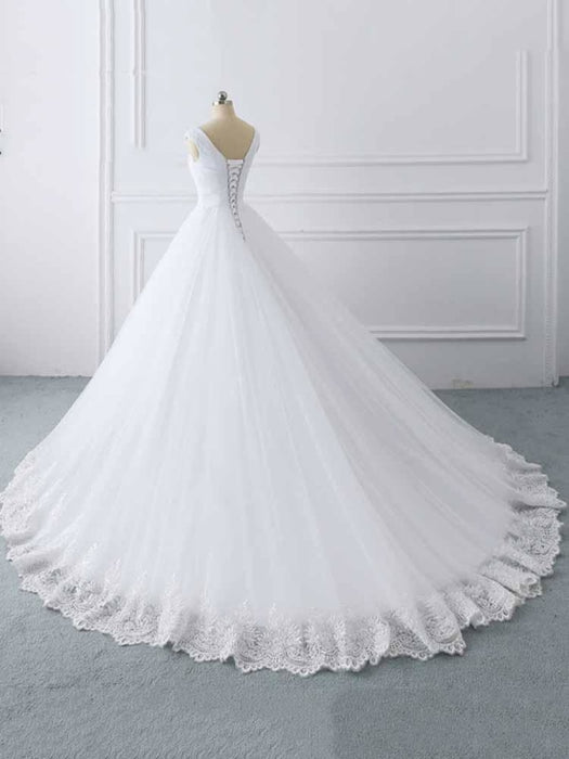 Simple V-Neck Lace-Up Ruffles Ball Gown Wedding Dresses - wedding dresses