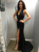 Simple V Neck Mermaid Backless Black Long Prom Dresses with Leg Slit, V Neck Black Formal Dresses, Black Mermaid Graduation Dresses