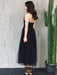Simple V Neck Open Back Black Tea Length Prom Homecoming Dresses, Thin Straps Black Formal Graduation Evening Dresses