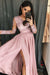 Simple V Neck Prom Long Sleeves Pink Split Evening Dress with Lace - Prom Dresses