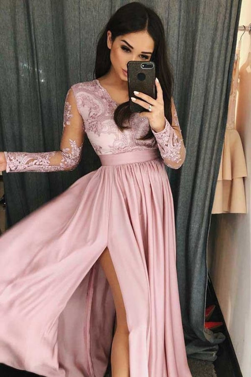 Simple V Neck Prom Long Sleeves Pink Split Evening Dress with Lace - Prom Dresses