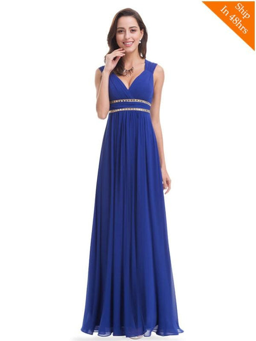 Simple V-Neck Satin A-Line Evening Dresses - Sapphire Blue / 4 / United States - evening dresses