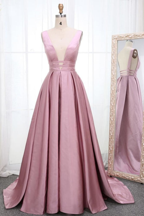 Simple V Neck Sleeveless Prom Dress A Line Ruched Long Evening Dresses - Prom Dresses