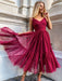 Simple V Neck Tea Length Burgundy Long Prom Dresses, V Neck Wine Red Formal Evening Dresses