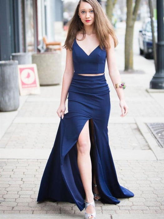 Simple V Neck Two Pieces Blue Prom with High Slit, Two Pieces Blue For Bridelily Simple V Neck Two Pieces Blue Prom with High Slit, Two Pieces Blue For Bridelily
