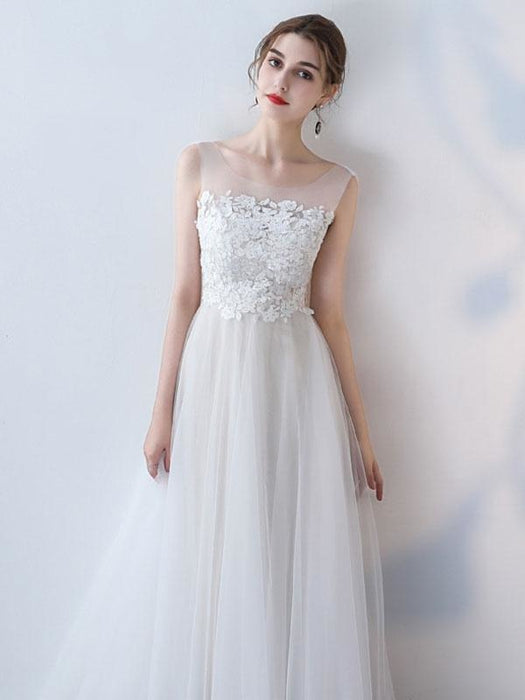 Simple Wedding Dress 2021 A Line Jewel Neck Sleeveless Bows Lace Tulle Bridal Dresses