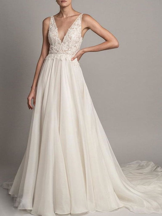 Simple Wedding Dress 2021 A Line V Neck Sleeveless Beaded Bridal Dresses With Train