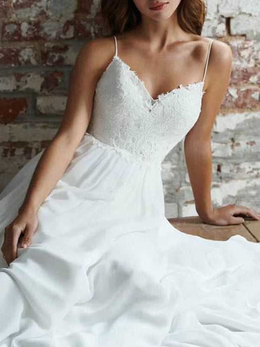 Simple Wedding Dress 2021 a line V Neck Straps Sleeveless Lace Chiffon Bridal Dresses With Train for beach party