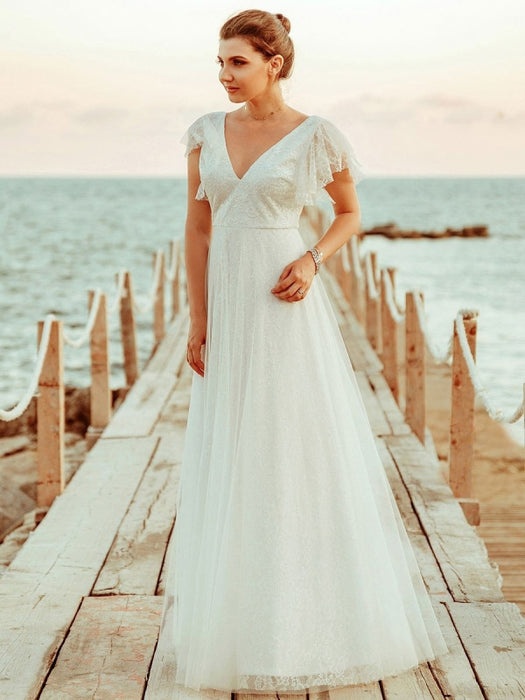 Simple Wedding Dress 2021 A Lne V Neck Short Sleeve Floor Length Tulle Beach Wedding Party Dresses Bridal Gowns