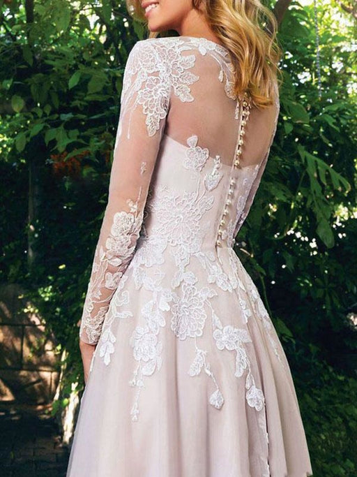 simple wedding dress 2021 tulle a line illusion neck lace applique floor length long sleeve tulle boho wedding bridal dresses with train