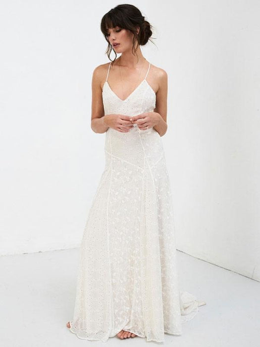 Simple Wedding Dress 2021 V Neck Straps Sleeveless Floor Length Boho Bridal Gown