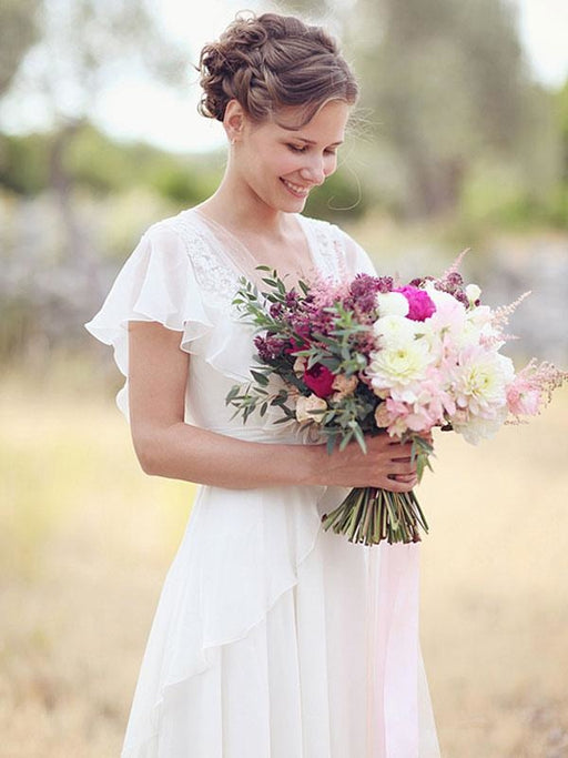 Simple Wedding Dress A Line Designed Neckline Sleeveless Applique Chiffon Bridal Gowns