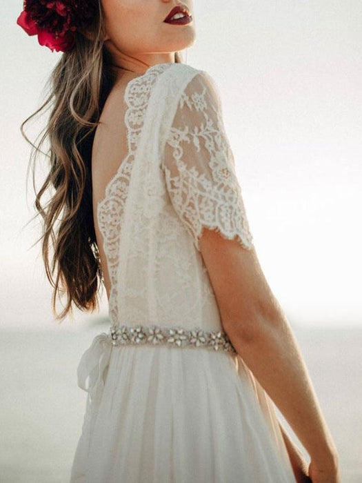 Simple Wedding Dress A Line Jewel Neck Lace Short Sleeve Floor Length Chiffon Beach Wedding Bridal Gowns