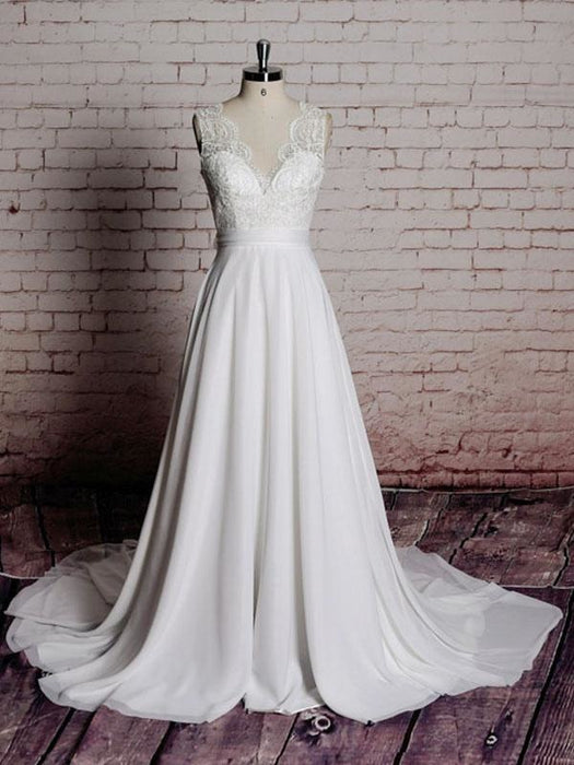 Simple Wedding Dress A Line Lace V Neck Sleeveless Bows Bridal Dresses With Chapel Train