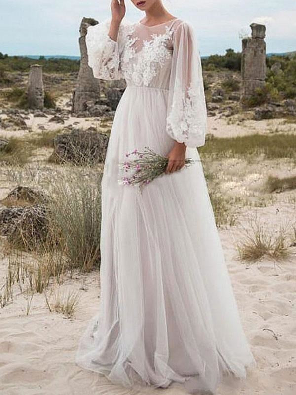 Simple Wedding Dress A Line Tulle Jewel Neck Long Sleeves Lace Bridal Dresses